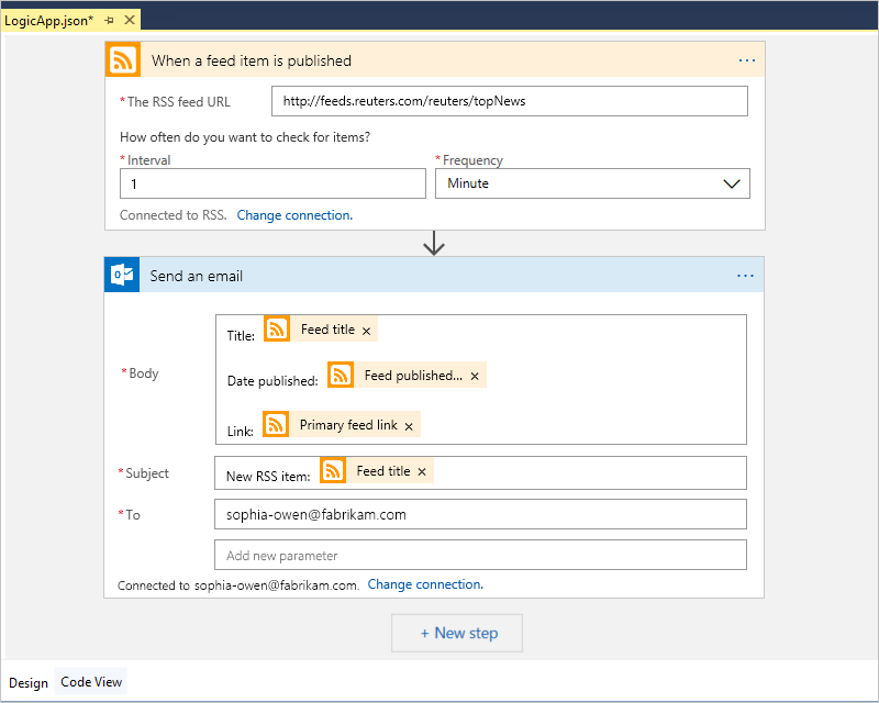 Screenshot shows finished logic app workflow.