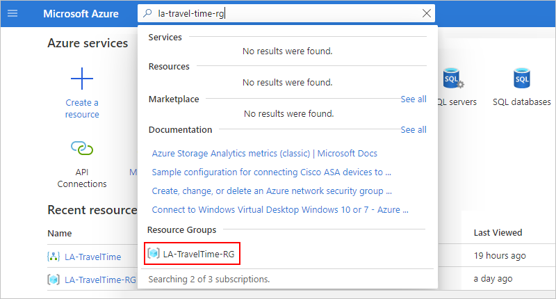 Capture d’écran dans laquelle la zone de recherche Azure comporte « la-travel-time-rg » et LA-TravelTime-RG est sélectionné.