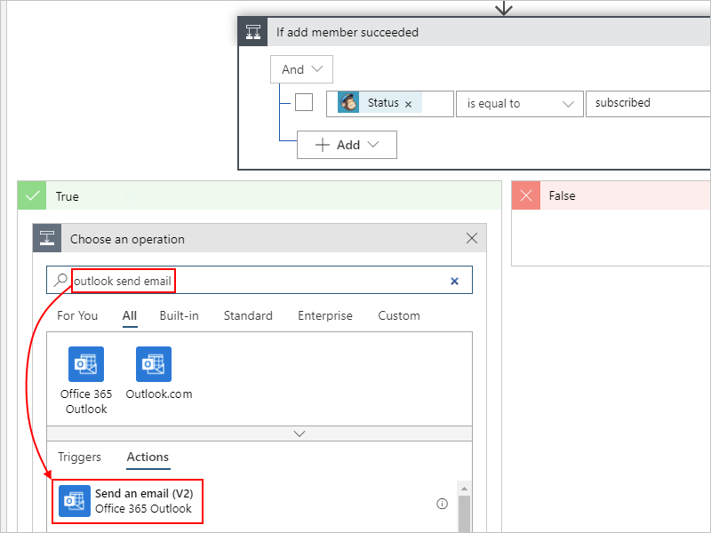 Capture d’écran montrant la zone de recherche « Choisir une opération » avec « outlook send email » (envoi d’e-mail outlook) entré et l’action « Envoyer un e-mail » sélectionnée pour la notification.