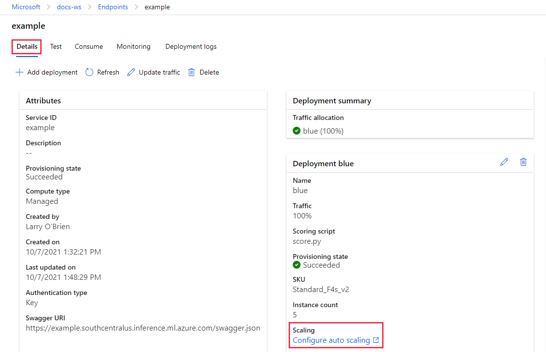 Capture d’écran du lien pour configurer la mise à l’échelle automatique dans les détails du point de terminaison.