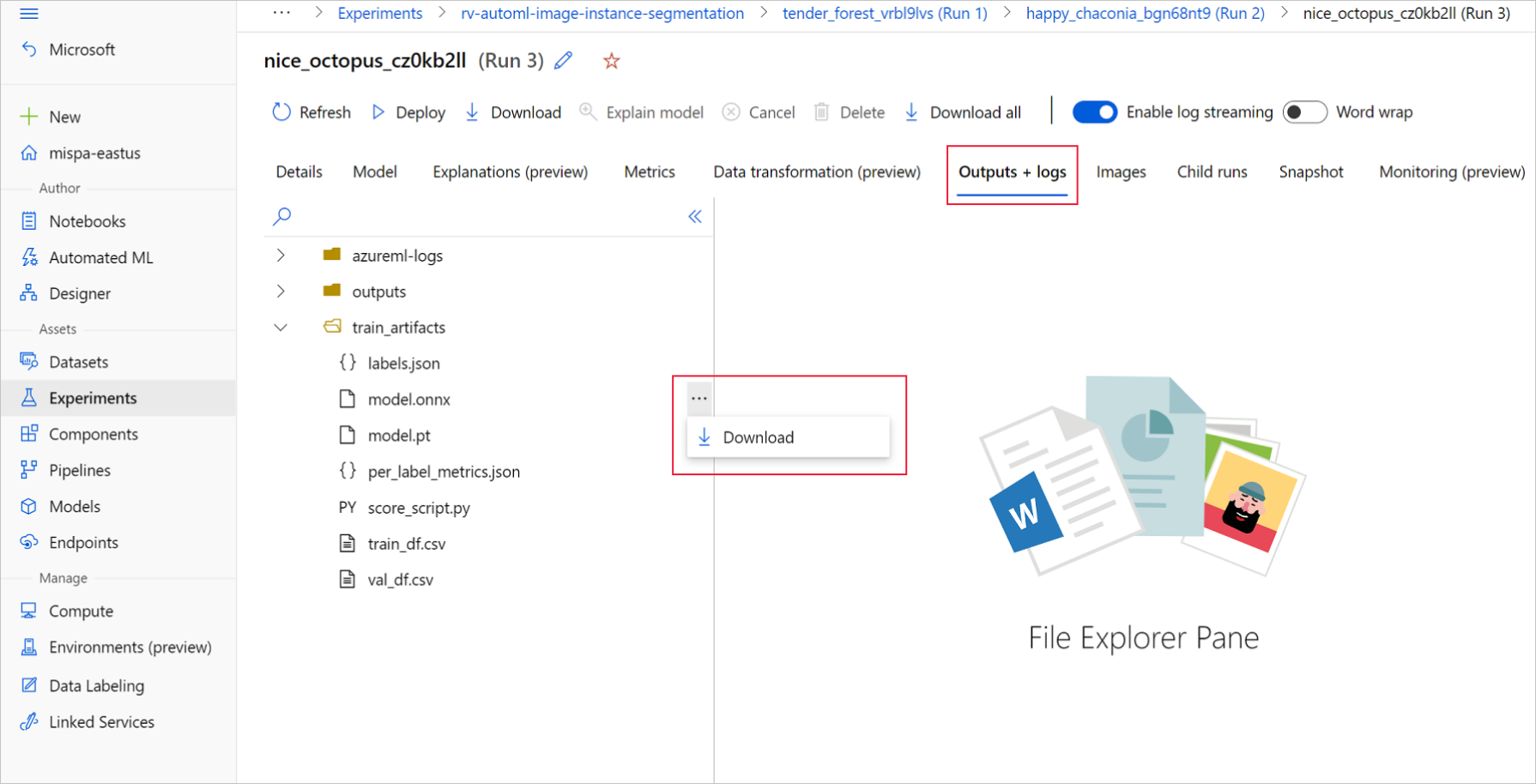 Capture d’écran montrant des sélections pour le téléchargement de fichiers de modèle ONNX.