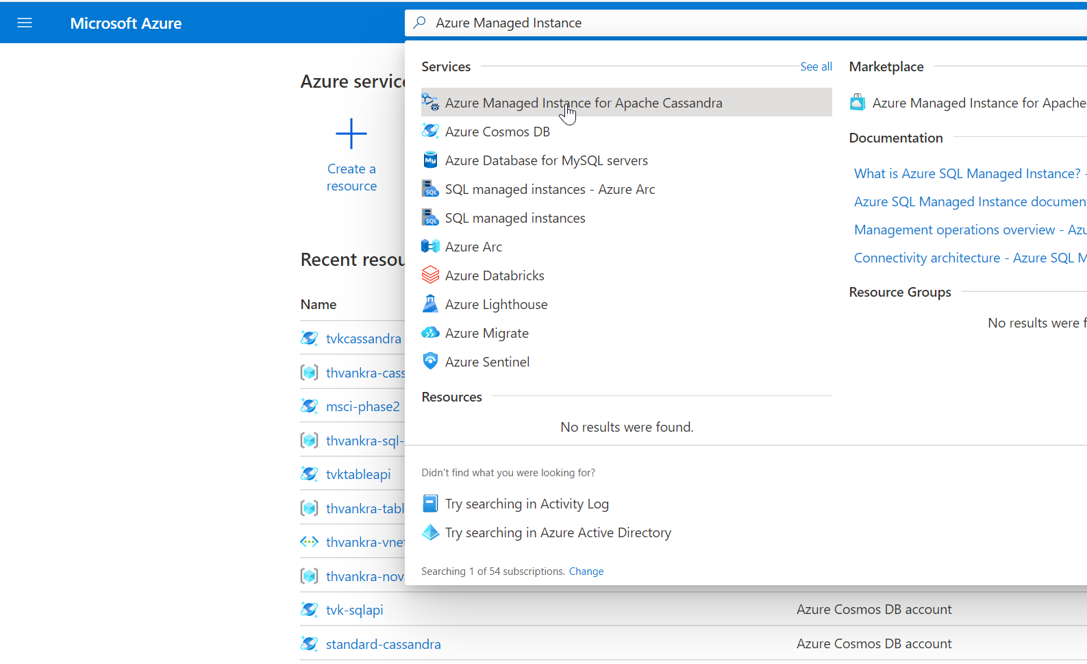 Capture d’écran de recherche d’Azure SQL Managed Instance pour Apache Cassandra.