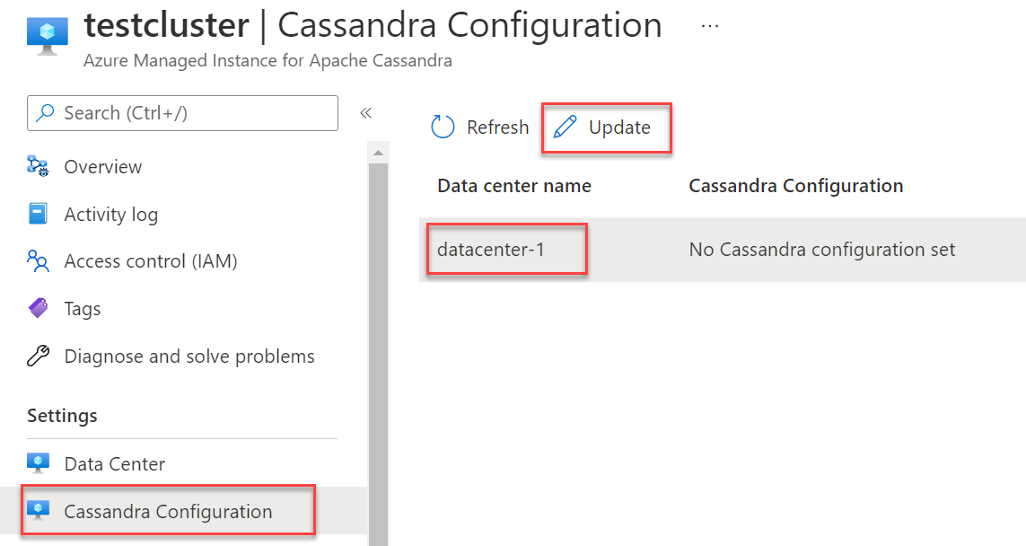 Capture d’écran de la sélection du centre de données pour mettre à jour la configuration.