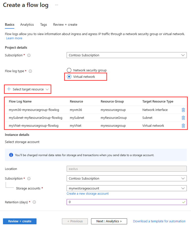 Capture d’écran montrant l’onglet Informations de base lorsque vous créez un journal de flux de réseau virtuel dans le portail Azure.