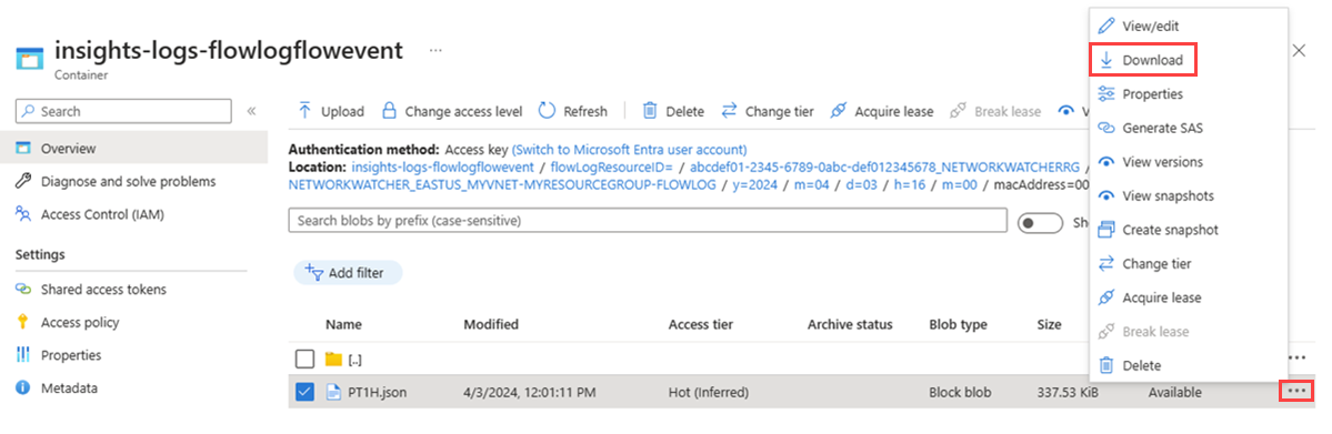 Capture d’écran montrant comment télécharger le fichier de données d’un journal de flux de réseau virtuel à partir du conteneur du compte de stockage dans le Portail Azure.