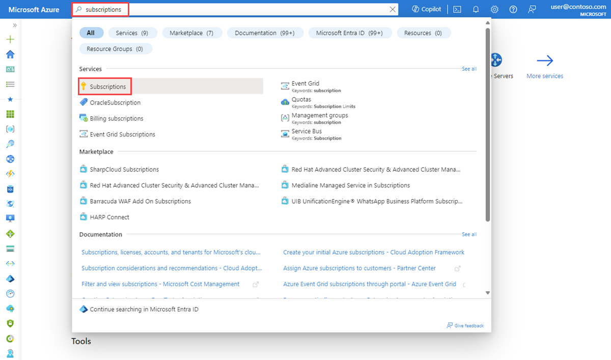 Capture d’écran montrant comment rechercher des abonnements dans le portail Azure.