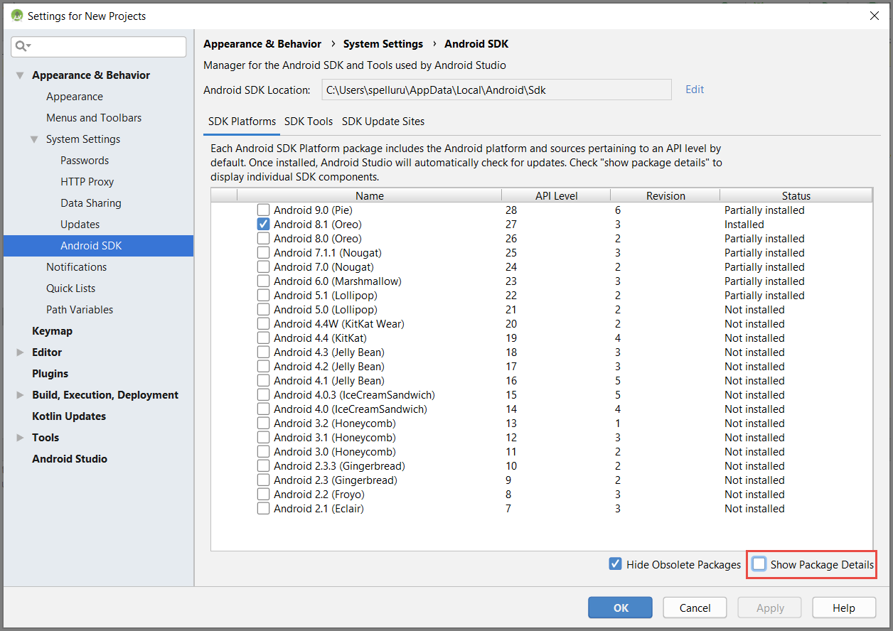 Android SDK Manager - sélectionner la version cible