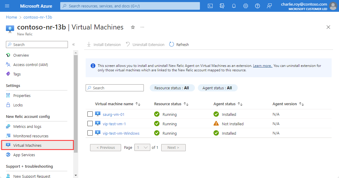 Capture d’écran montrant les machines virtuelles pour une ressource New Relic.