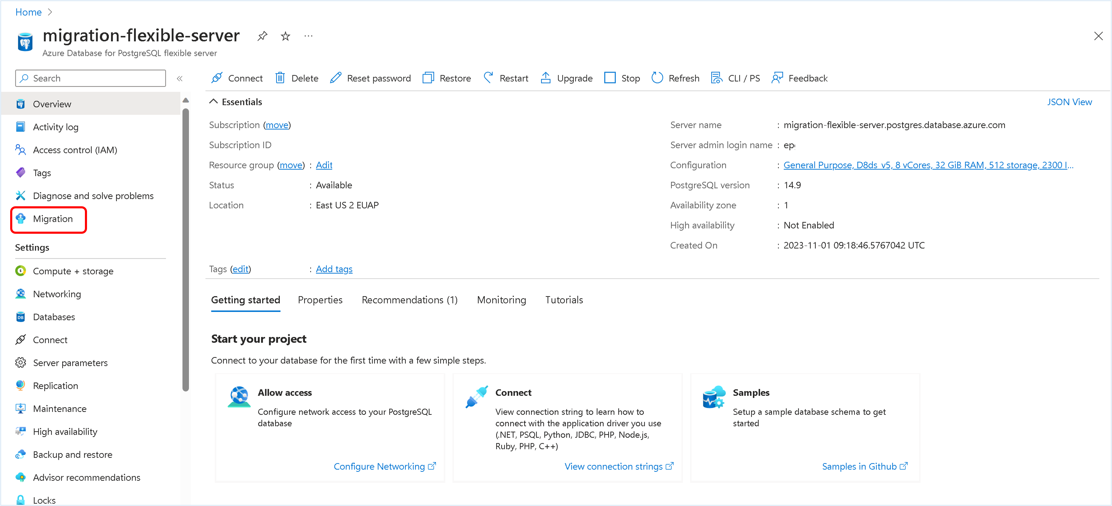 Capture d’écran de la page de sélection de la migration sur le Portail Azure.