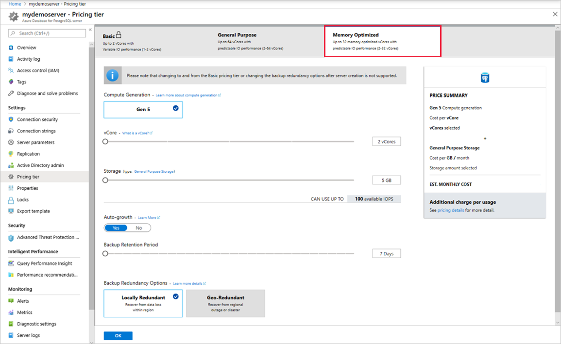 Capture d’écran du portail Azure pour choisir un niveau De base, Usage général ou À mémoire optimisée dans Azure Database pour PostgreSQL