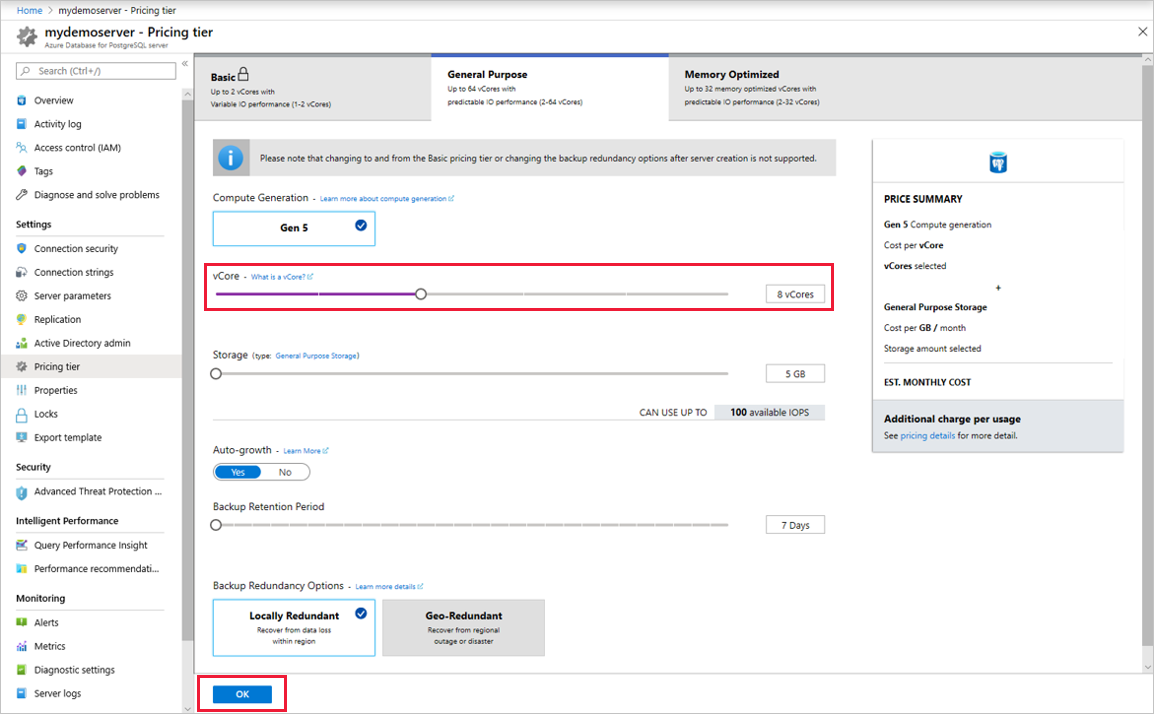 Capture d’écran du portail Azure pour choisir l’option vCore dans Azure Database pour PostgreSQL