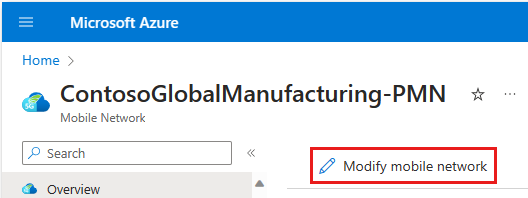 Capture d’écran du Portail Azure montrant le bouton Modifier le réseau mobile.