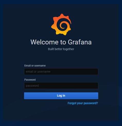 Capture d’écran de la page de connexion à Grafana, avec des champs pour le nom d’utilisateur et le mot de passe.