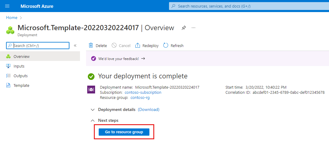 Capture d’écran du Portail Azure montrant une confirmation de déploiement pour le modèle ARM.