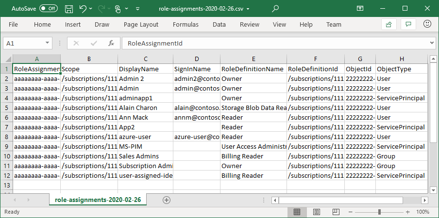 Capture d’écran du téléchargement d’attributions de rôles au format CSV.