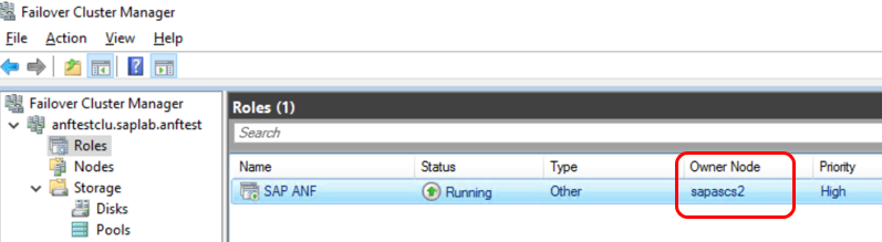 Figure 2 : Ressources du cluster de basculement Windows Server exécutées sur le nœud B après le test de basculement