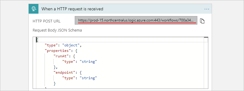 Capture d’écran montrant l’URL de point de terminaison du déclencheur Requête générée.