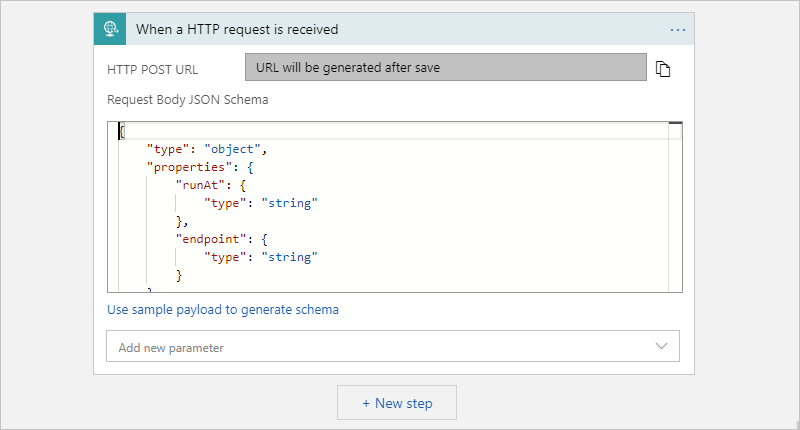 Capture d’écran montrant le déclencheur Requête avec un exemple de schéma de requête JSON.