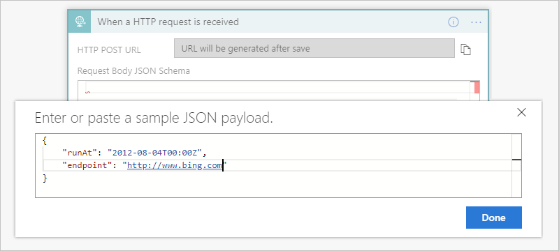 Capture d’écran montrant un exemple de charge utile JSON.