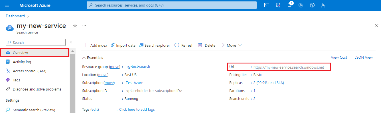 Capture d’écran de la page Vue d’ensemble du service avec point de terminaison d’URL.
