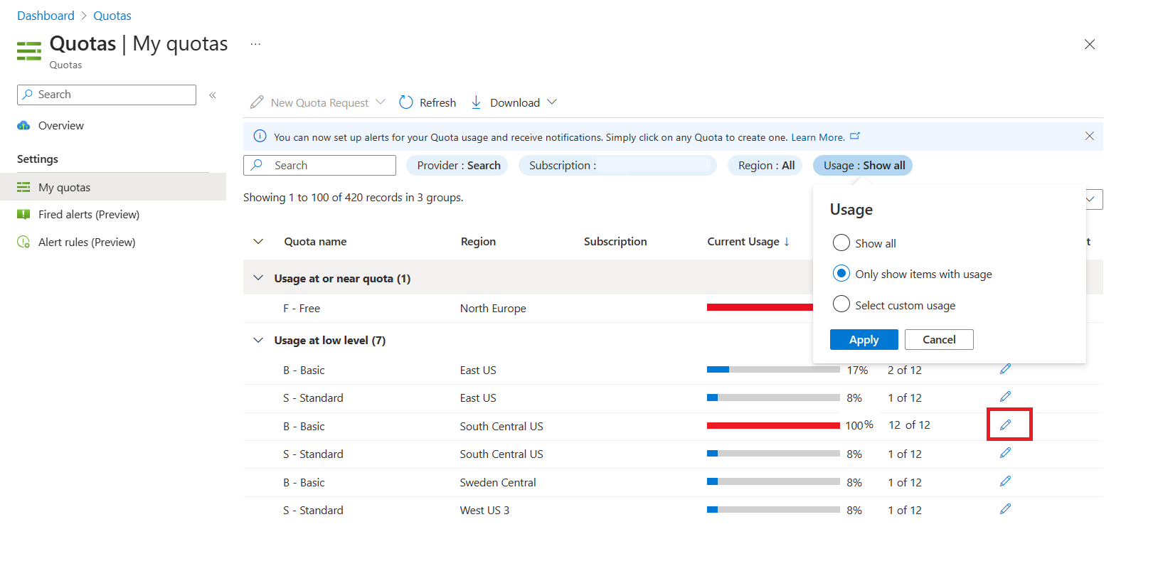 Capture d’écran de la page Mes quotas avec une région au quota maximal.