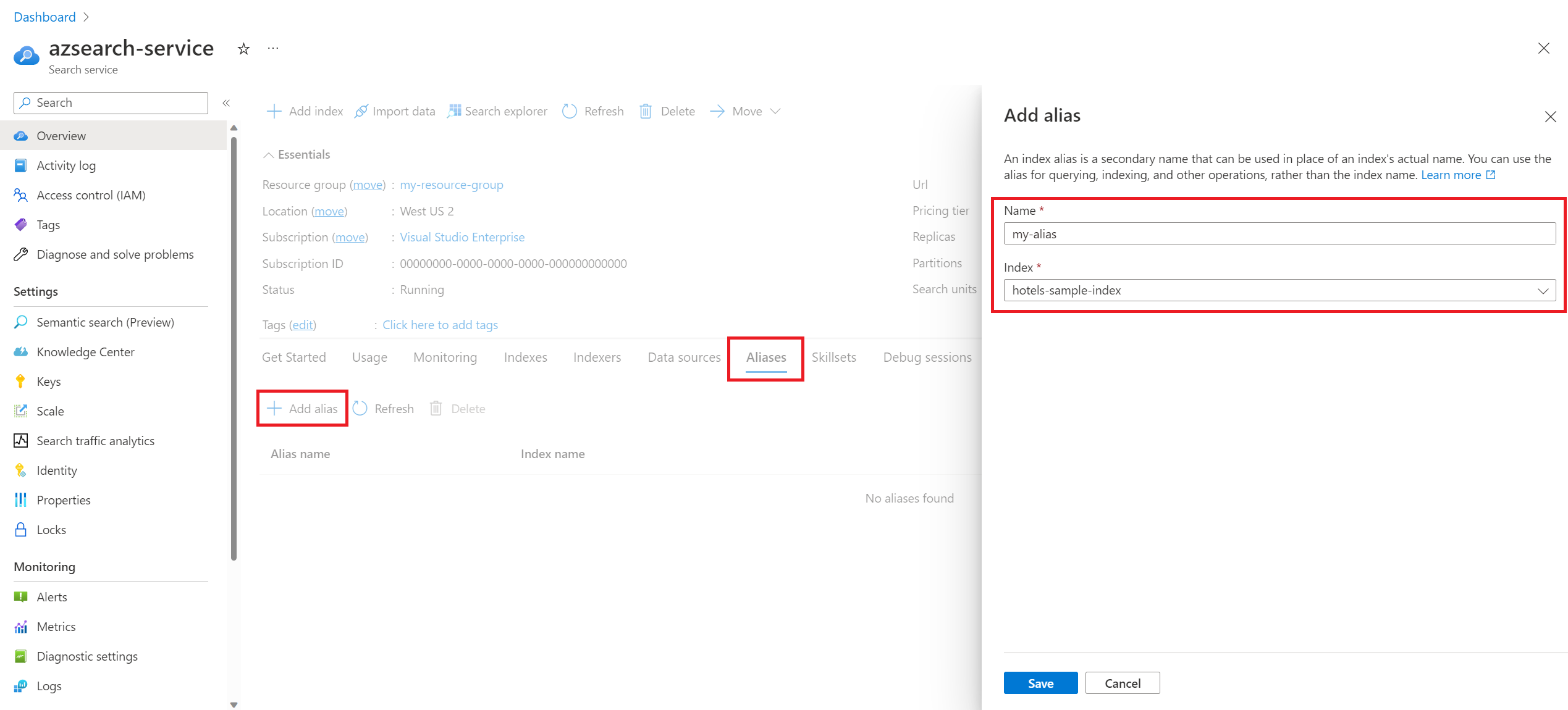 Capture d’écran de la création d’un alias dans le Portail Azure.