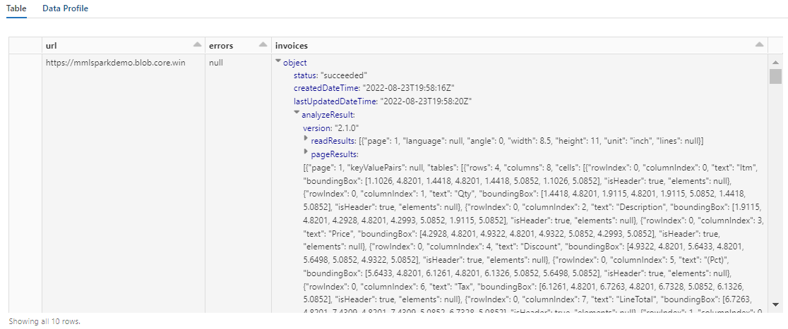 Capture d’écran de la sortie AnalyzeInvoices.