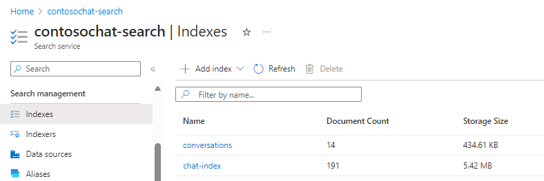 Capture d’écran des index créés par l’accélérateur.