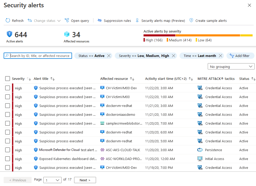 Liste des alertes de sécurité de Microsoft Defender pour le cloud