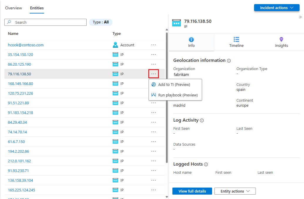 Capture d’écran de l’onglet des entités dans la page des détails d’incident.