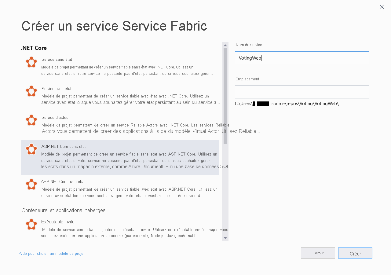 Capture d’écran illustrant la sélection d’un service web ASP.NET dans le volet du nouveau service.