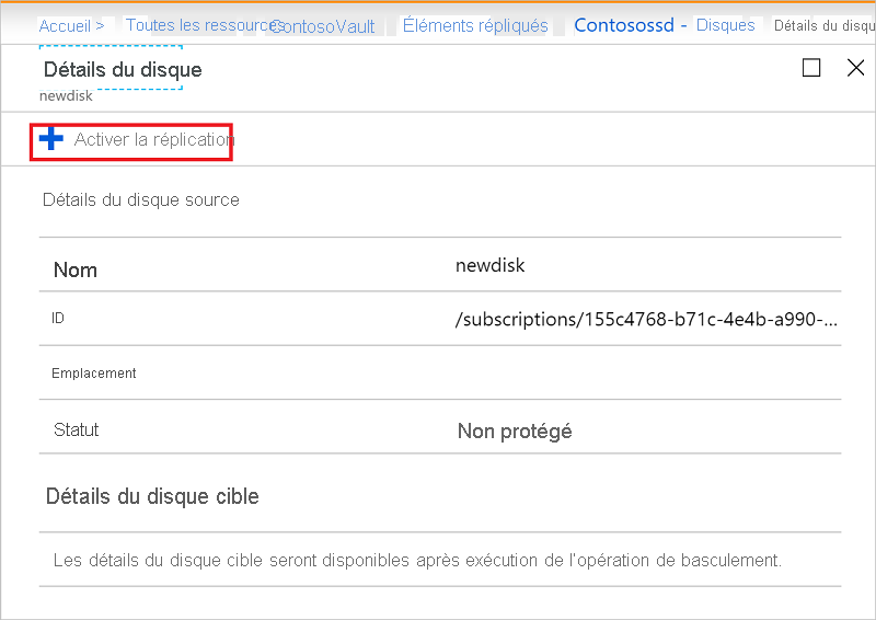 Capture d’écran montrant la réplication activée pour un disque nouvellement ajouté.