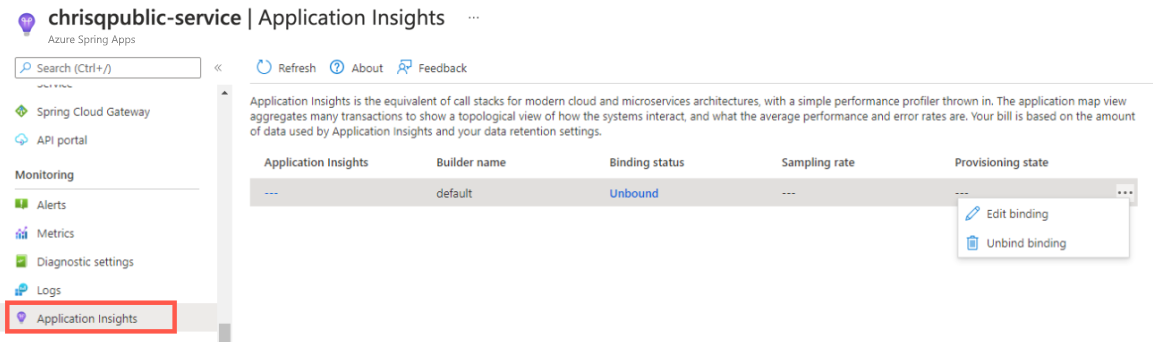 Capture d’écran du Portail Azure illustrant l’instance Azure Spring Apps avec la page Application Insights et l’option « Modifier la liaison ».