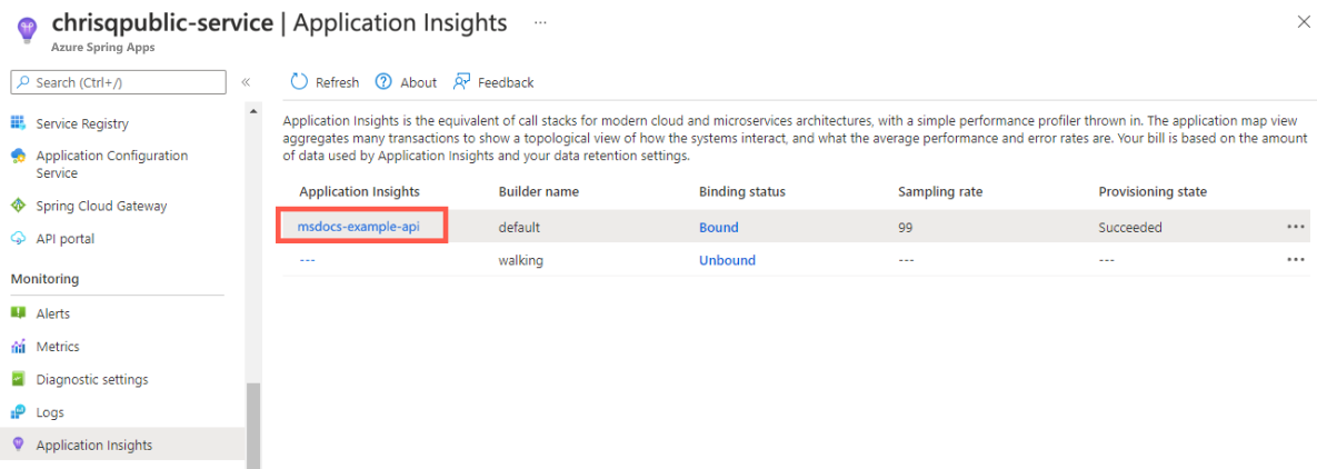 Capture d’écran du Portail Azure illustrant l’instance Azure Spring Apps et la page Application Insights.