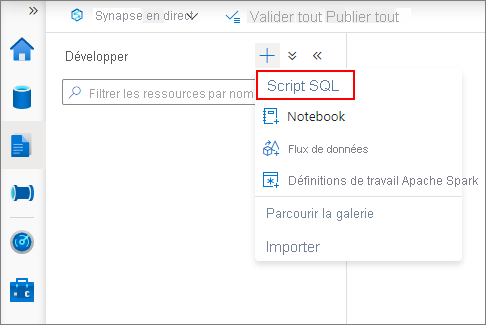Capture d’écran de la sélection du script SQL pour créer une nouvelle requête.