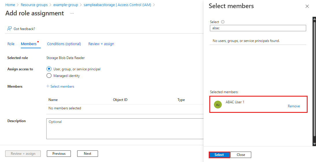Capture d’écran de la page Ajouter une attribution de rôle avec l’onglet Membres.