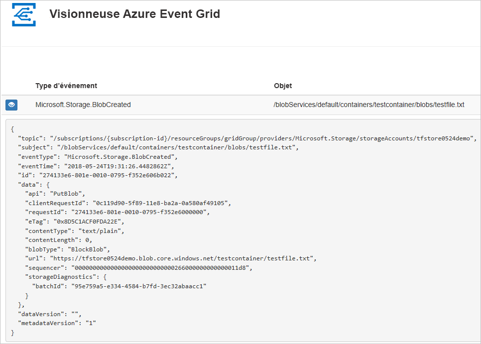 Screenshot of the Azure Event Grid Viewer that shows event data that has been sent to the web app.