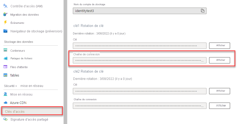 Capture d’écran montrant comment copier une chaîne de connexion à partir du portail Azure.