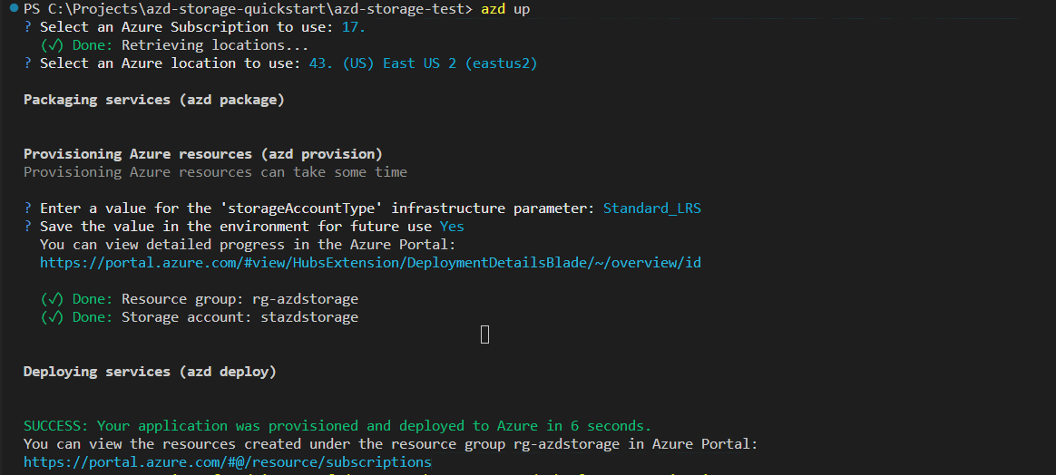 Capture d’écran montrant la sortie de la commande « azd up ».