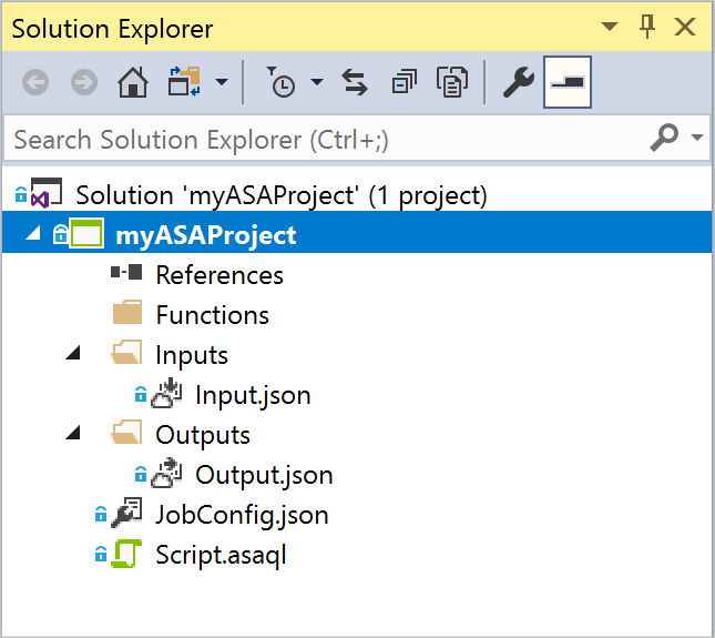 Capture d’écran montrant la fenêtre Explorateur de solutions pour un exemple de projet d’application Stream Analytics dans Visual Studio.