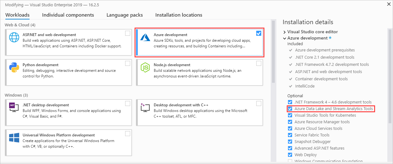 La charge de travail Développement Azure est sélectionnée.