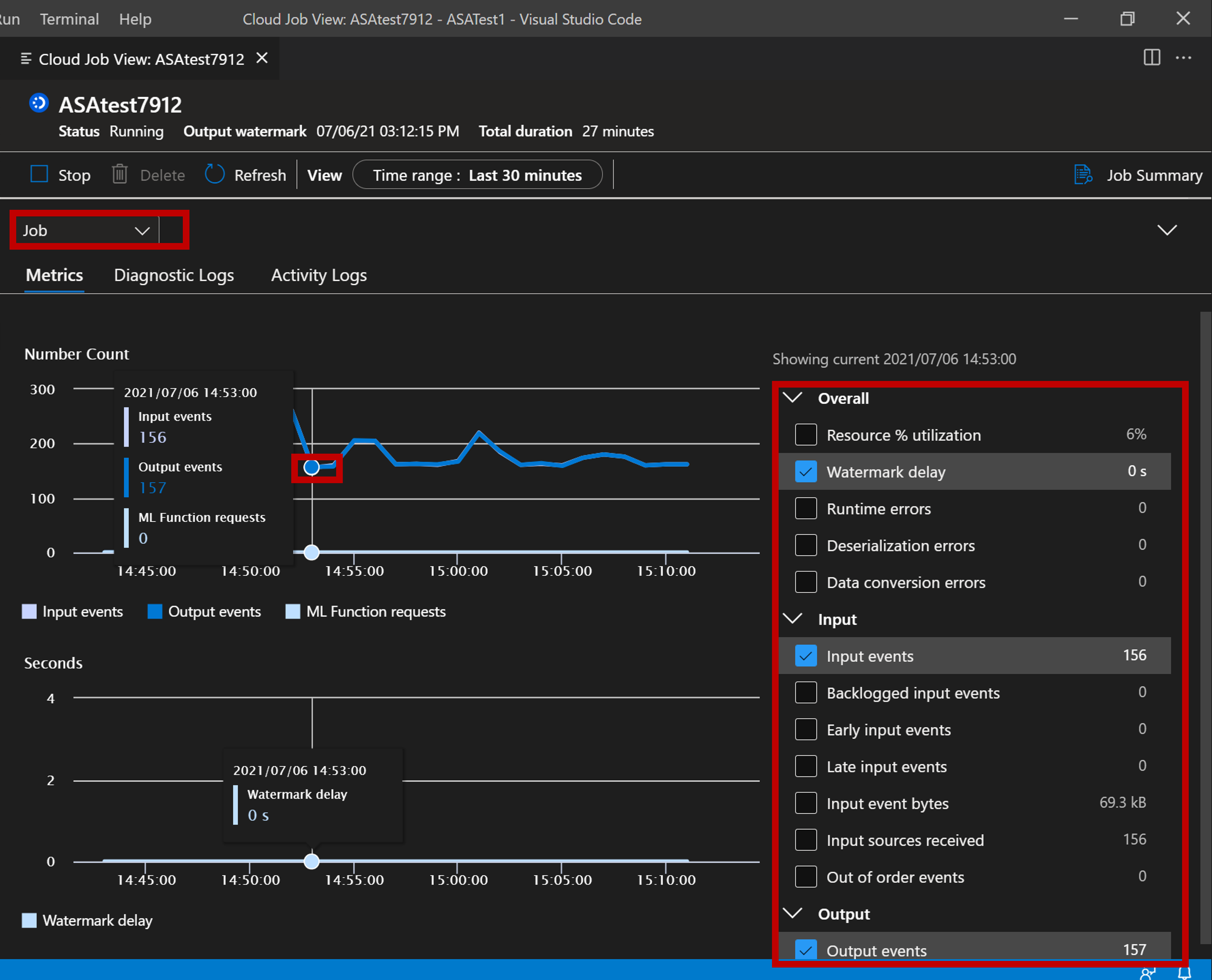 Capture d’écran de l’affichage des métriques des tâches via l’extension VS Code.