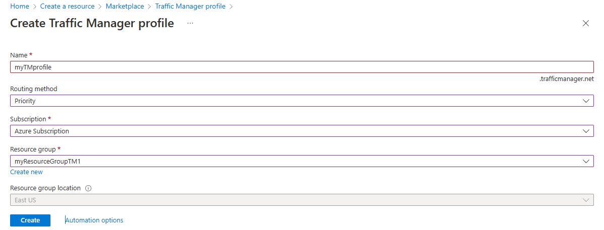 Capture d’écran du profil Traffic Manager.