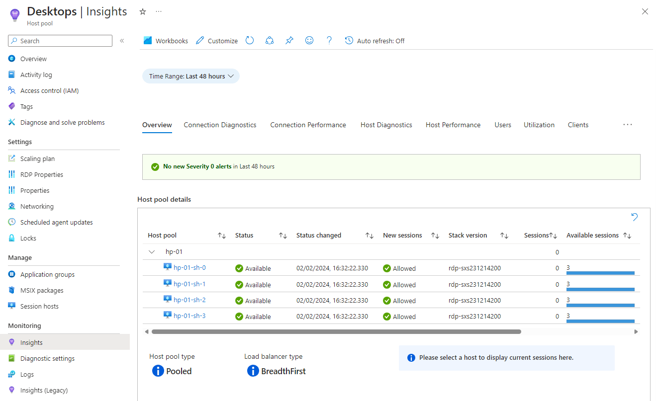 Capture d’écran montrant la vue d’ensemble d’Insights pour un pool d’hôtes.