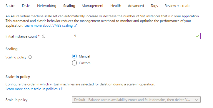 Capture d’écran de l’onglet Mise à l’échelle dans le Portail Azure pendant le processus de création du groupe de machines virtuelles identiques.