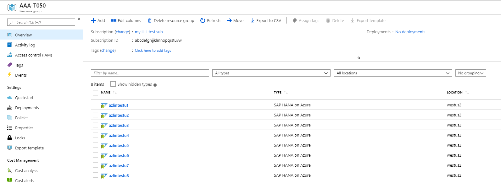 Liste d’unités HLI (HANA - Grandes instances) dans le portail Azure