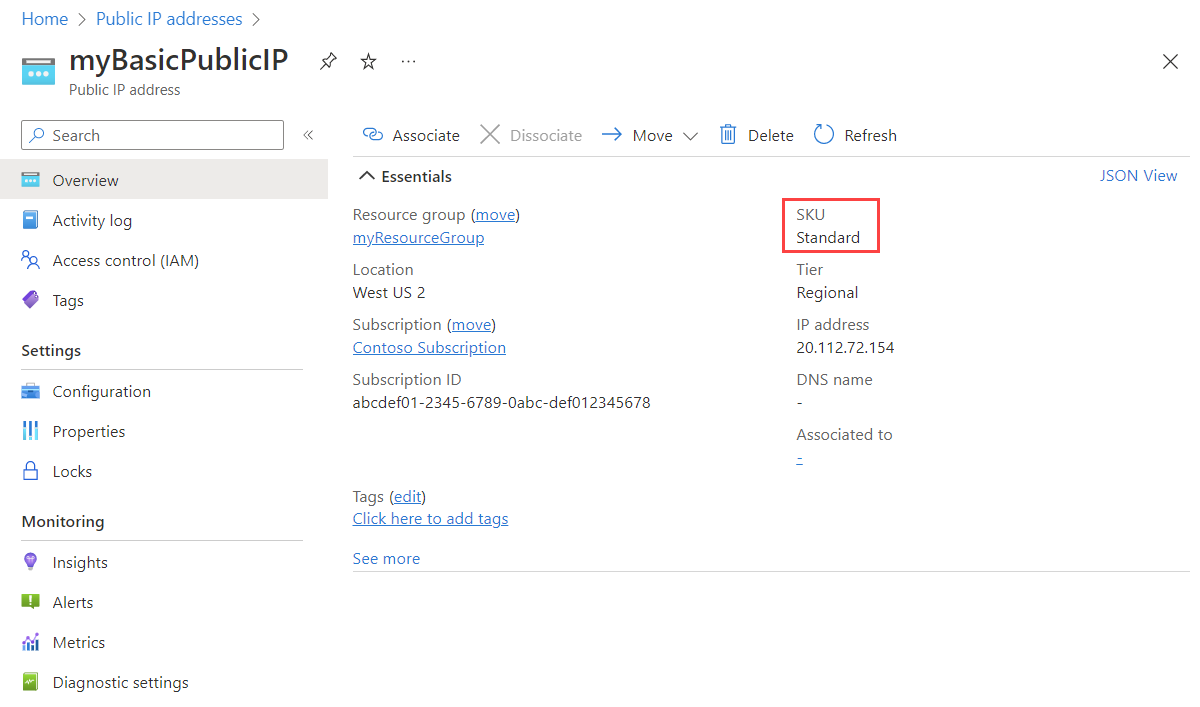 Capture d’écran montrant que l’adresse IP publique est la référence SKU standard.