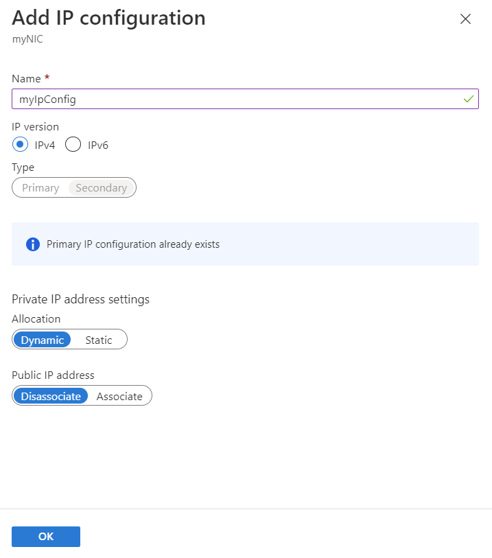 Capture d’écran de la page Ajouter une configuration IP dans le Portail Azure.