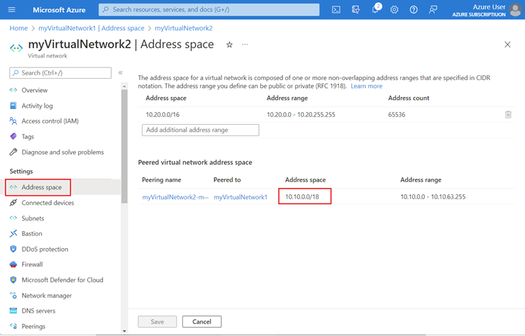 Capture d’écran de la page Espace d’adressage où vous vérifiez que l’espace d’adressage a changé.