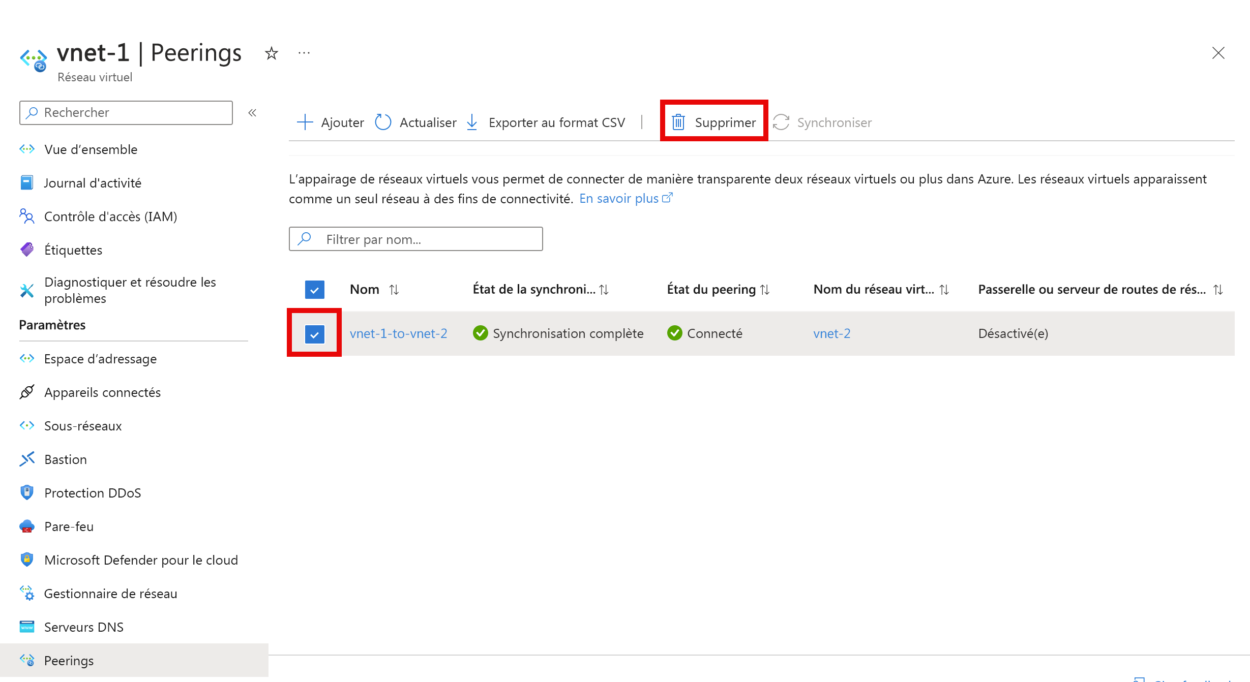 Capture d’écran de la suppression d’un peering du réseau virtuel.
